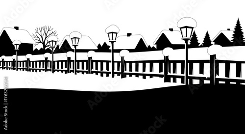 Silhouette of a snowy winter landscape with a long wooden fence and lampposts reflecting in the snow isolated on white background