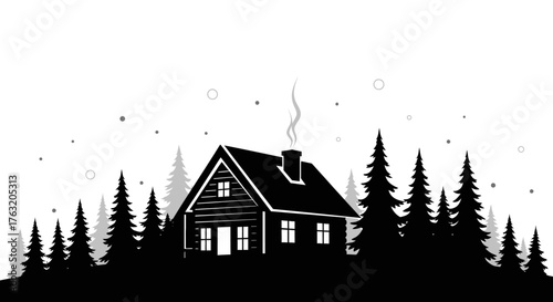 Rustic cabin silhouette amidst pine forest ideal for cozy woodland retreat or wilderness adventure scenes isolated on white background