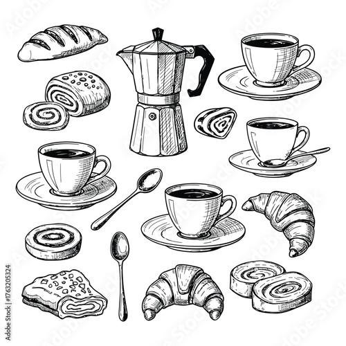 Hand drawn sketch of coffee cups croissants pastries and moka pot for breakfast or cafe