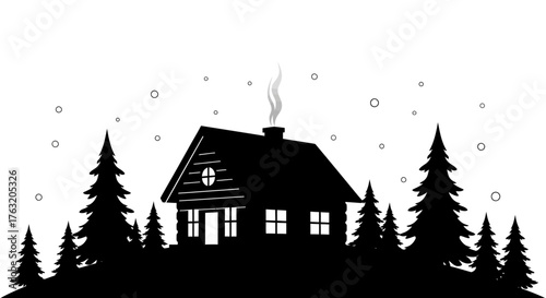 Cozy log cabin silhouette surrounded by pine trees during a gentle snowfall isolated on white background