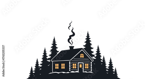 Foto Cozy wooden cabin nestled amongst tall pine trees emitting warm light and smoke