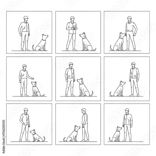 Sequential illustrations of a person training a dog with various commands and poses