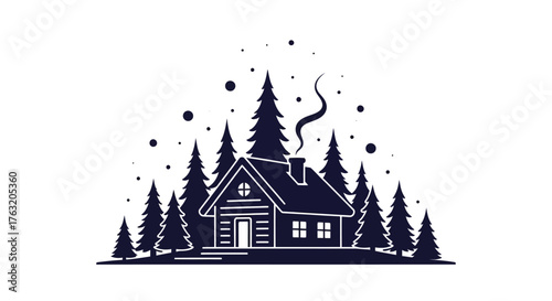 Cozy log cabin nestled among tall pine trees surrounded by falling snowflakes a whimsical winter scene isolated on white background
