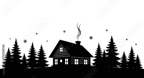 Rustic log cabin nestled amongst evergreen trees in a snowy winter landscape with smoke rising from chimney isolated on white background