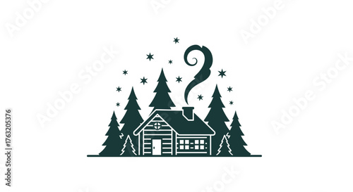Rustic log cabin in snowy forest with smoke rising from chimney and falling snowflakes serene winter scene isolated on white background