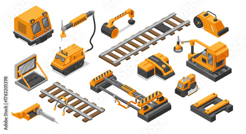 Industrial construction equipment isometric set with railway elements and machinery