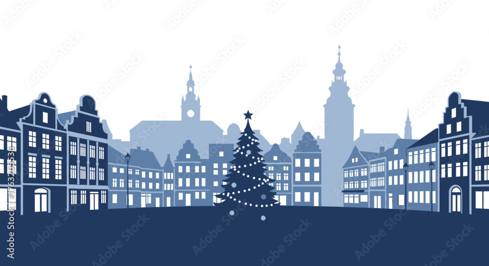 Fototapeta premium Festive european cityscape silhouette with decorated christmas tree and architectural landmarks during winter season celebration isolated on white background