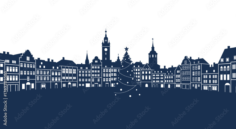 Fototapeta premium European city skyline silhouette of historic buildings with architectural details and tall towers under a bright sky isolated on white background