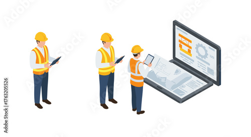 Isometric construction workers using tablets and laptop with engineering plans