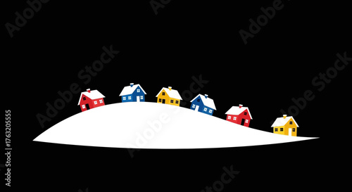 Christmas holiday decorations tiny houses and festive lights illuminate winter landscape scene with snowy mound and vibrant colors isolated on white background