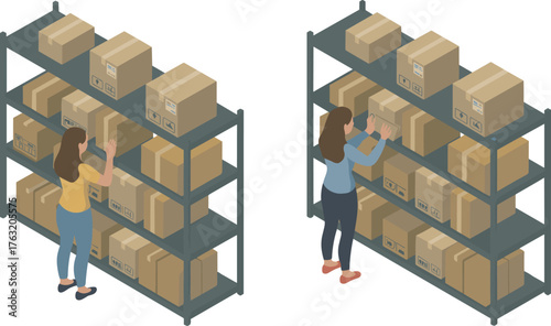 Isometric warehouse illustration with women organizing boxes on shelves, logistics and storage management, inventory control concept, distribution center efficiency