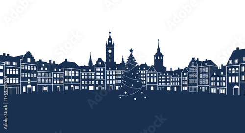 European city skyline silhouette of historic buildings with architectural details and tall towers under a bright sky isolated on white background