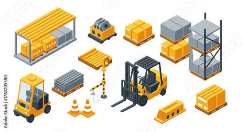 Isometric warehouse equipment and logistics icons for industrial design projects