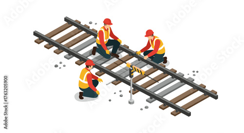 Isometric construction workers repairing railway tracks in safety gear