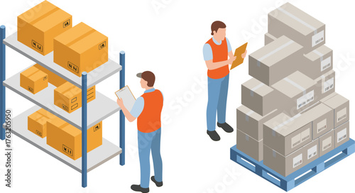 Isometric warehouse illustration with workers checking inventory, boxes on shelves, logistics management, storage organization, and delivery package control system