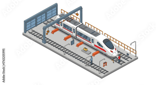 High-speed train in maintenance depot with isometric design