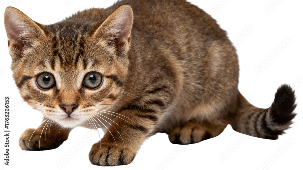 Obraz premium An adorable tabby kitten with big eyes posing playfully on a white background, transparent background png