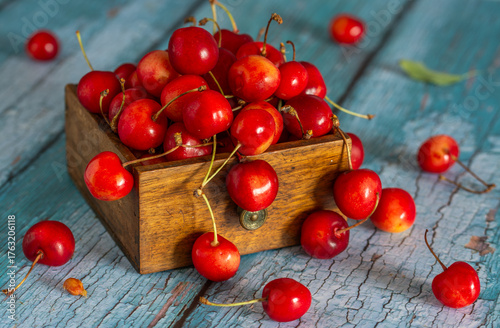 Still life with ripe and delicious red cherries.