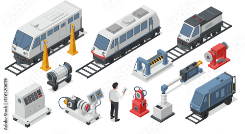 Isometric train yard with locomotives and industrial equipment