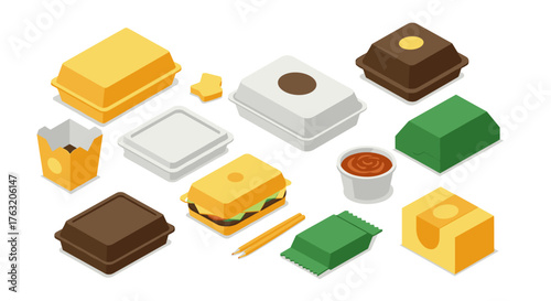 Isometric fast food packaging collection: sustainable takeout containers