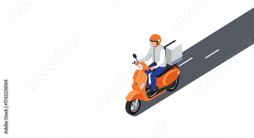 Isometric urban delivery: courier on orange scooter traveling city streets