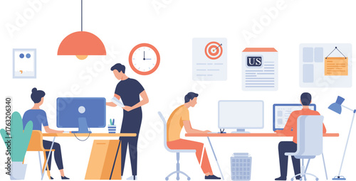 Modern office interior with diverse employees working at computers, teamwork collaboration, business workspace design, digital communication and corporate productivity concept