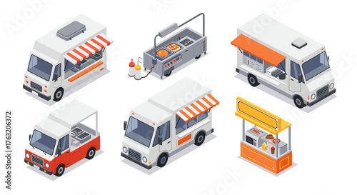 Isometric food trucks and stalls set with pop-up kitchen designs