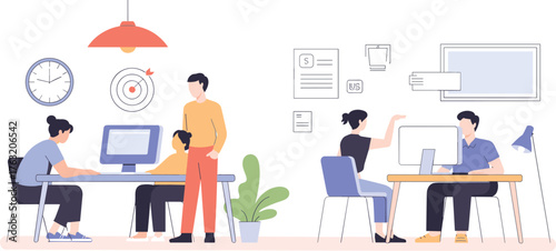 Modern office interior with diverse employees working at computers, teamwork collaboration, business workspace design, digital communication and corporate productivity concept