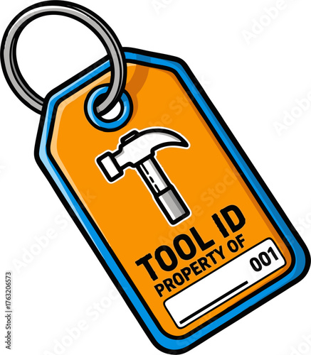 Orange Tool ID Tag with Hammer Icon and Metal Ring, Blue Border