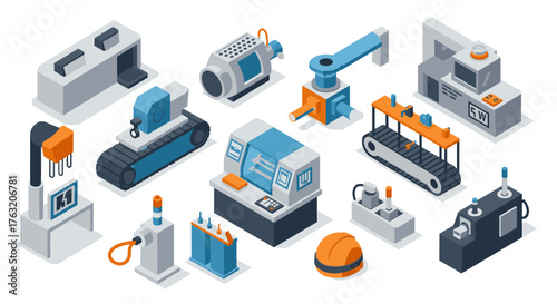 Isometric industrial machinery set with conveyor belts and robotics
