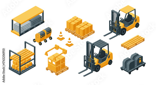 Isometric warehouse and logistics equipment set with forklift and cargo