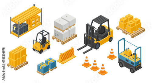 Isometric warehouse equipment and construction site essentials collection