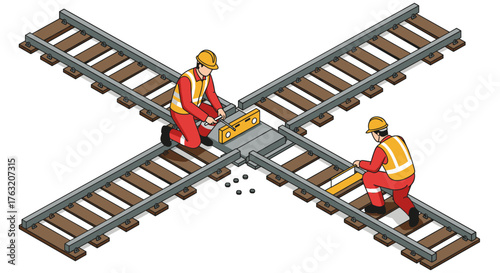 Workers maintaining railway tracks with tools in detailed isometric design