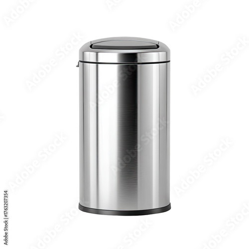 A cylindrical metal trash can with a domed lid, set against a black background