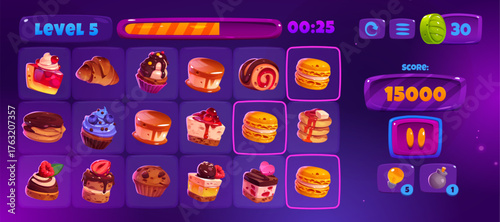 Match 3 game interface with cute cakes icons