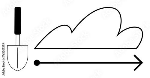 Gardening trowel, abstract cloud, and straight arrow represent sustainable development, innovation, and progress. Ideal for growth, environment, agriculture, technology nature planning