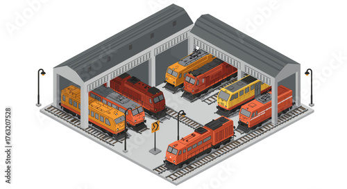 Isometric train maintenance depot with colorful locomotives in industrial setting