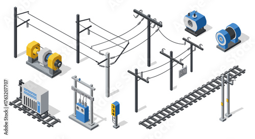 Isometric power grid elements with electrical components and railway tracks