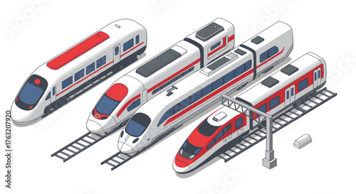Isometric modern trains on rails: futuristic passenger transport collection