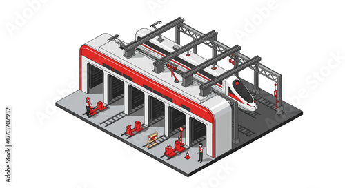 Modern isometric high-speed train maintenance facility with engineers and technicians