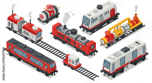 Isometric trains and railway components in modern red and white design
