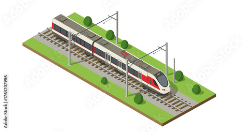 Modern isometric train on tracks with overhead wires in minimalist landscape