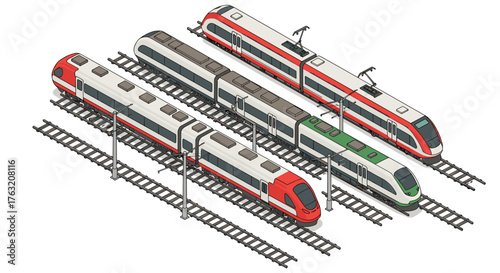 Modern isometric high-speed passenger trains on parallel tracks