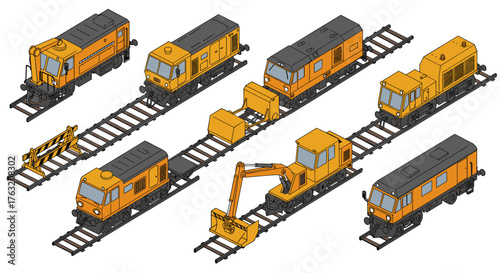 Isometric rail maintenance vehicles set on tracks
