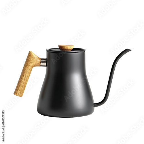 Sleek matte black gooseneck kettle with a wooden handle and lid. Isolated on black