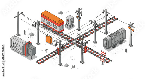 Isometric urban train crossing with overhead wires and signals in minimalist style