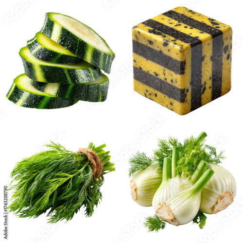 Four fresh vegetable compositions zucchini slices stacked a terrine dill bunch and fennel bulbs isolated studio shot isolated on transparent background