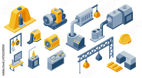 Isometric industrial equipment set with machinery and tools in modern factory design