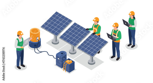 Isometric renewable energy workers installing solar panels with modern equipment