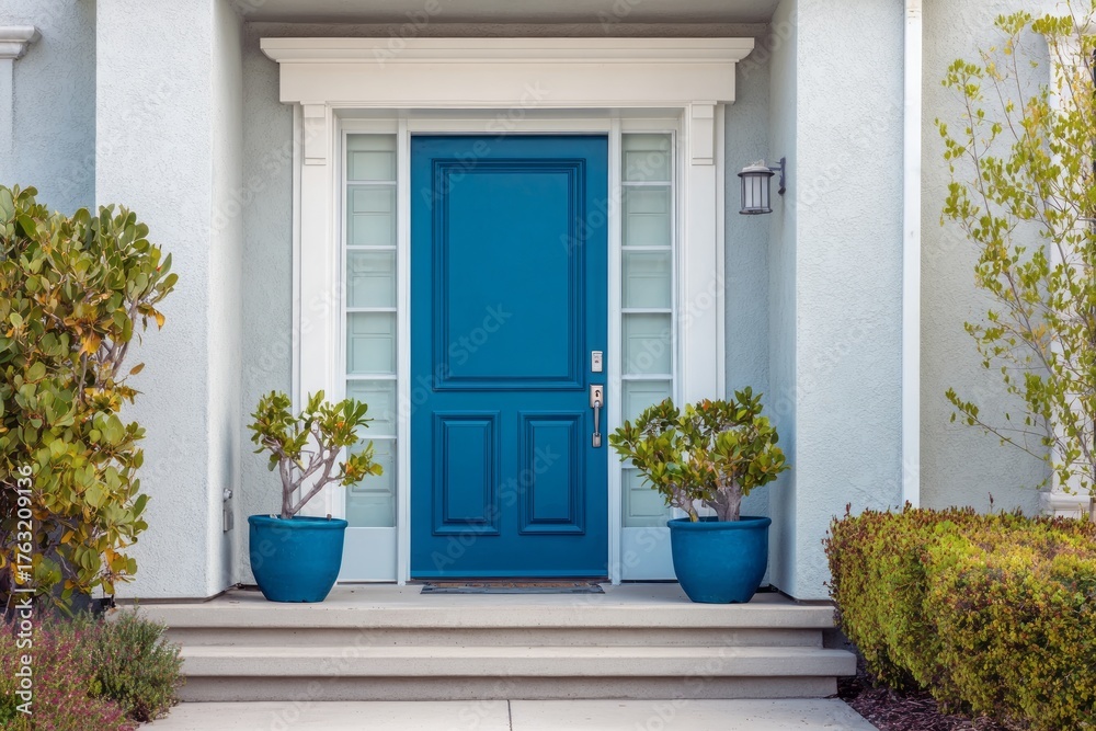 Fototapeta premium Bright blue door welcomes visitors to a well-maintained home.